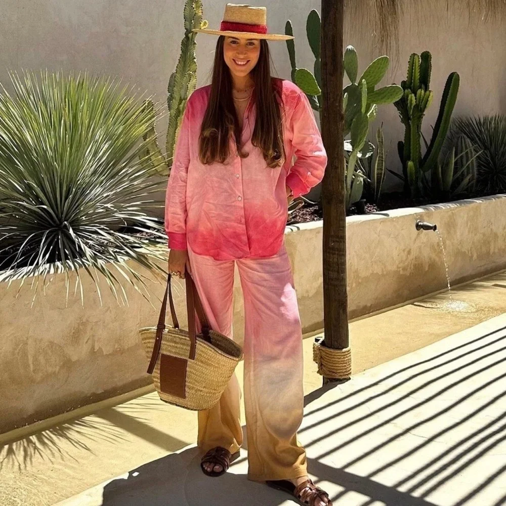 Zara Tie Dye Wide Leg Pants Linen Womens Size M Pink Rustic Hi Waist boho gypsy
